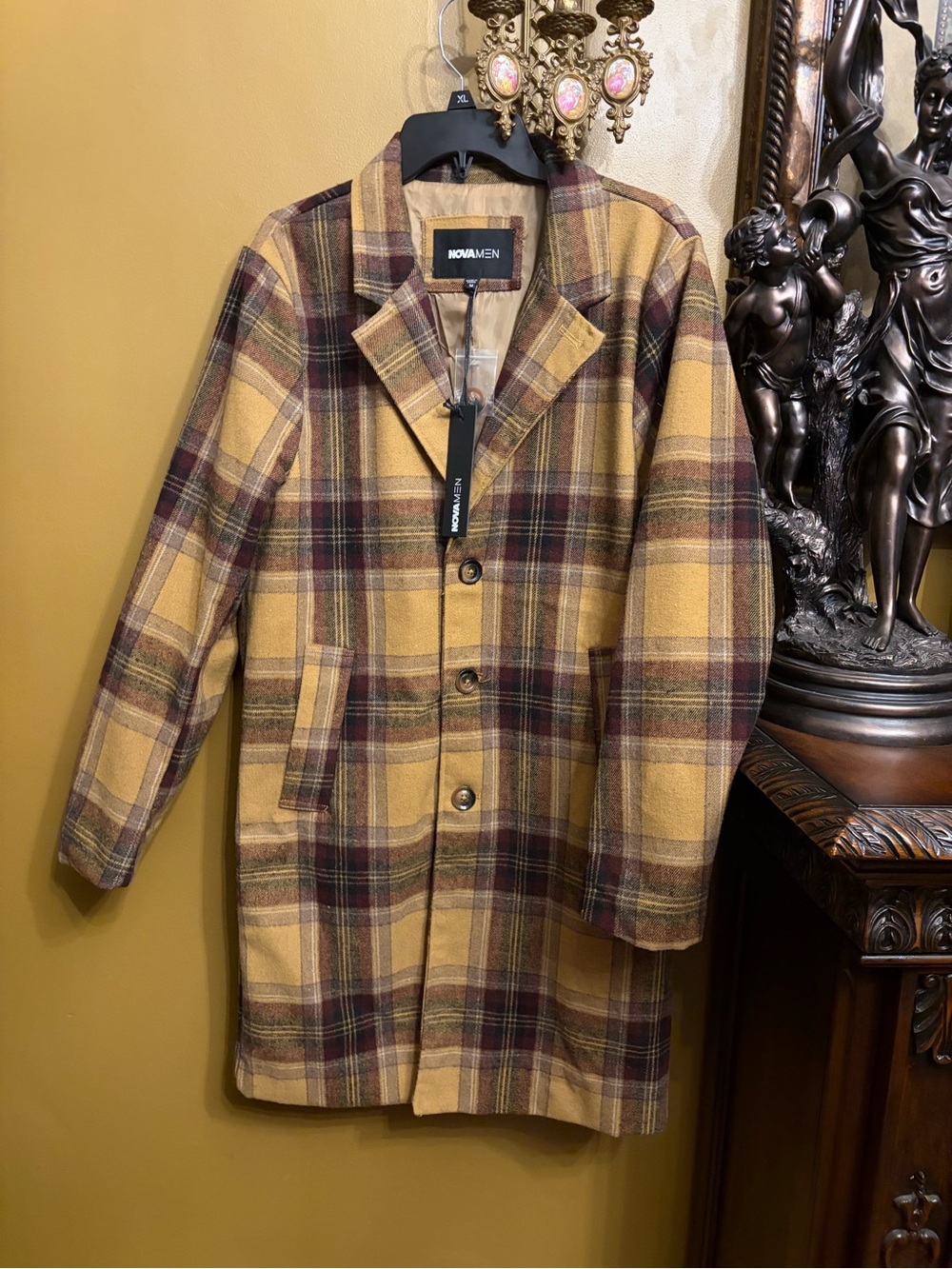 Fashion Nova Men's Plaid Pea Coat in Mustard and brown Tones